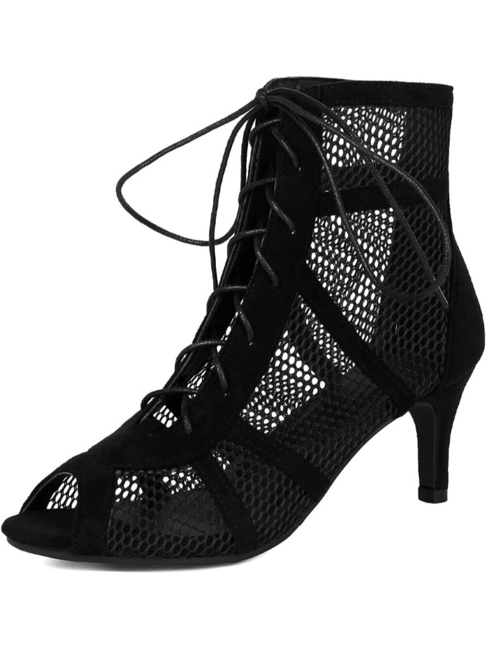 Women Black Buckle Strap Peep Toe High Top Lace Up Casual Mesh Pump Sandal Boot